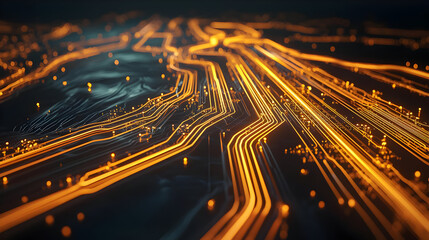 Abstract circuit board, glowing orange pathways, dark background.  Intricate network of interconnected lines, close-up view, technological design