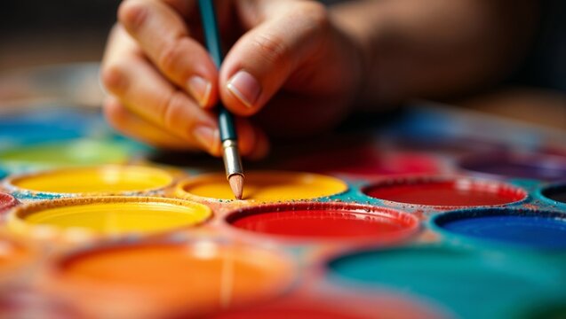 Artist s hand holding brush dipped in vibrant watercolor paint palette