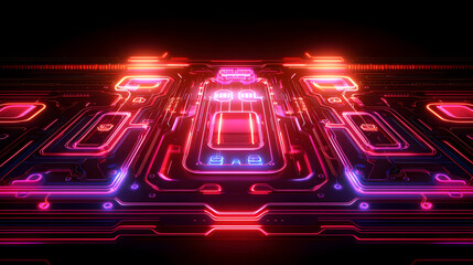 Abstract circuit board, glowing with vibrant neon colors. Detailed, intricate pathways and components illuminated in red and purple