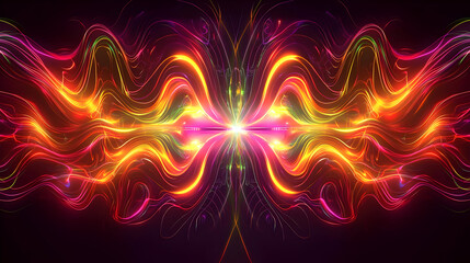 Abstract symmetrical pattern of vibrant flowing lines.  Intricate design with  bright, glowing, wavy streaks of  red, orange, yellow, and purple.  Dark background accentuates the luminous effects
