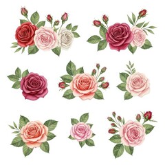 Elegant watercolor roses and rosebuds in various shades create a romantic, timeless floral design element