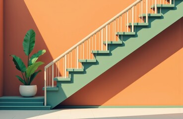 A modern staircase with a potted plant against a colorful wall creating a vibrant interior scene