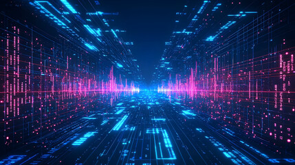 Digital tunnel with glowing data streams.  A vibrant pathway through a network of glowing lines and data patterns.  Sonic wave-like structures pulsate in the center