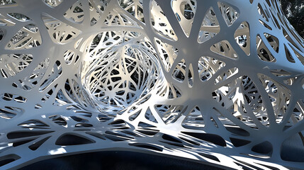 Abstract architectural interior, intricate network of white, lattice-like structures, creating a tunnel-like space,  illuminated from within