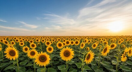 Obraz premium Vibrant sunflower field at sunset under a picturesque blue and cloudy sky