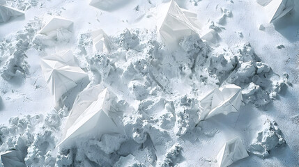 Abstract white paper forms scattered on a textured surface.  Crisp folded shapes, resembling origami, are nestled amongst a soft, powdered, stucco-like backdrop
