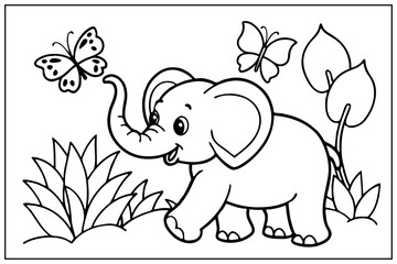 Cute Baby Elephant With A Butterfly Coloring Page For Kids Jungle Animal Art