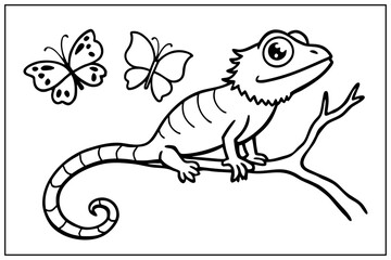 Cute Lizard On A Branch With Butterflies A Reptile Coloring Page For Kids