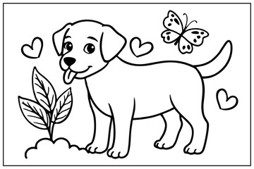 Happy Dog Surrounded By Hearts And Nature A Cute Pet Coloring Page For Kids