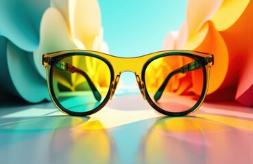 Colorful sunglasses with yellow-tinted lenses resting on a reflective surface with vibrant abstract background