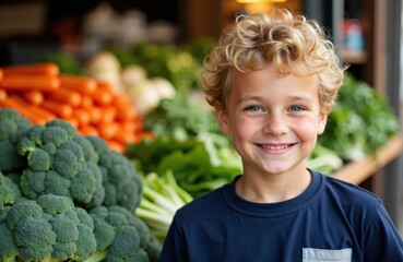 A smiling young boy with curly blonde hair shopping at a vegetable market