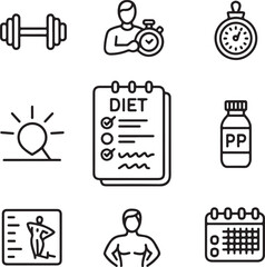 Workout and Nutrition Guidance Icons – Outline Vector Set for Coaching, Motivation, and DietWorkout and Nutrition Guidance Icons – Outline Vector Set for Coaching, Motivation, and Diet