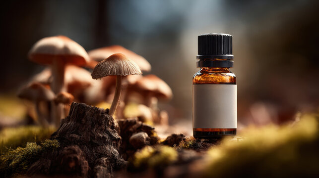 Amber glass bottle with blank label in forest among mushrooms and moss, concept of microdosing with natural psilocybin, alternative medicine, and mushroom-based therapy.