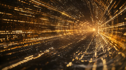 Golden tunnel of light, streaked with digital data.  Intense, futuristic, and glowing.  Dynamic, abstract pathway