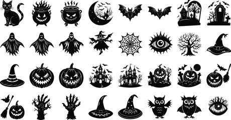 set of halloween element silhouette collection. Black and white vector editable file. pumpkin, ghost, cat, cauldron, horror house, female witch ride, owl, raven bird, skeleton, spider, witch hat