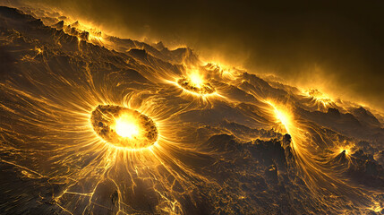 Golden volcanic landscape with glowing craters and energy bursts.  Distant, mountainous terrain