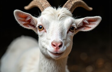 Obraz premium Close-up of a white goat with curved horns and alert eyes on dark background