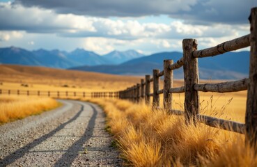Fototapeta premium A gravel path winds through a golden field with a wooden fence under a partly cloudy sky