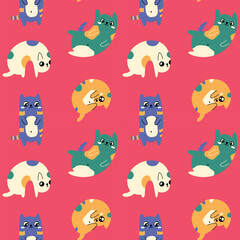 Cute seamless pattern with cartoon cats in bright retro motif. Colorful surface design, wallpaper and textile print with funny animals, playful kittens in abstract composition. Vector illustration.