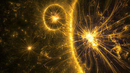 Golden cosmic bodies, swirling nebulae, radiating light.  Intricate patterns, glowing, vibrant, otherworldly scene