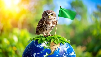 Little Owl Perched on Earth Globe with Green Flag, Environmental Awareness Concept Video