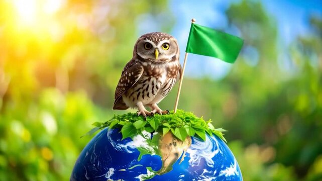 Little Owl Perched on Earth Globe with Green Flag, Environmental Awareness Concept Video