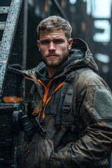 Obraz premium Portrait of a rugged man in wet outdoor gear with determined expression
