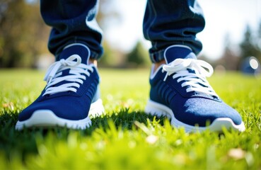 Fototapeta premium Woman standing on grass wearing blue sneakers and jeans in outdoor setting