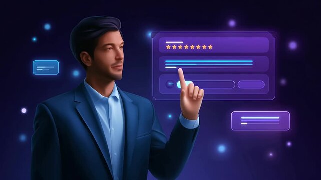 Businessman engaging with a digital feedback form interface on a touchscreen device.