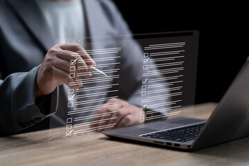Business performance checklist concept, Businessman marking digital checklist, Checklist survey, Filling out digital form, Digital workflow, Document approval, Task management, Paperless, Smart office