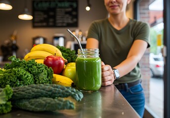 Fototapeta premium Healthy adult drinking fresh kale smoothie in glass jar in kitchen