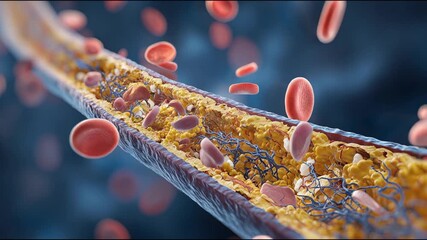3D medical visualization of a blood vessel, vein, artery section clogged with cholesterol deposits. Model to demonstrate the accumulation of deposits in vessels and their blockage in atherosclerosis