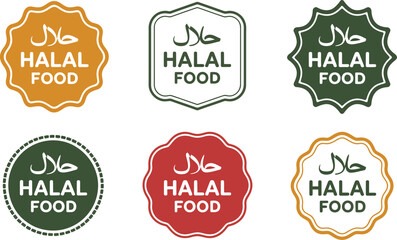 A collection of halal food labels in various shapes and colors on a light background display of food tags