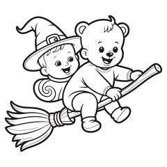 Baby Witch Flying on Broom Line Art