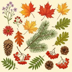 Vibrant autumn foliage and berries create rustic charm, perfect for seasonal designs and harvest themes