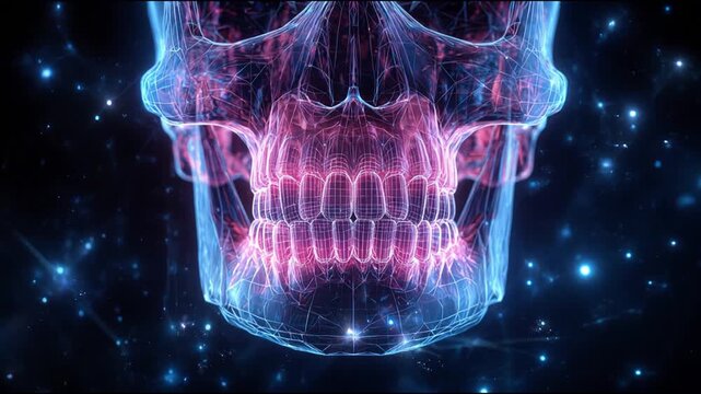 3D model of human jaw anatomy. Visualization of bite problem. Medical model is shown with translucent tissues for clarity.