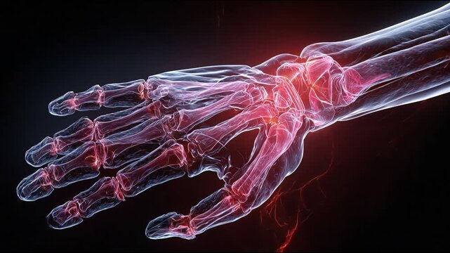 Video background for medical simulation of pain in the joints of the human hand. Translucent fabrics represent the hand schematically, areas of pain are highlighted in red.