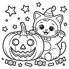 Baby in Animal Costume with Pumpkin and Candy Coloring Page