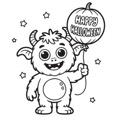 Monster Baby Holding Happy Halloween Balloon – Cute Kawaii Halloween Coloring Page