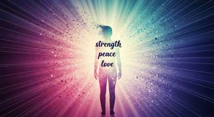 Woman silhouette with strength peace love text and radiating light. Spirituality and inner harmony concept. Generative ai.