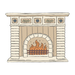 Vintage hand drawn cozy fireplace with floral decoration and burning fire. Rustic cottagecore interior illustration for winter holiday cards, posters, stickers.