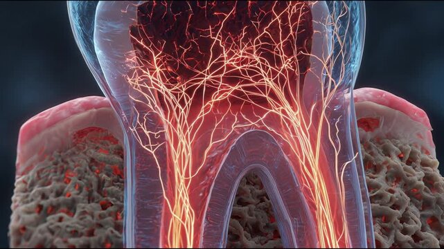 Medical anatomical model of a tooth. 3D visualization of inflamed nerve endings. Bright red pulsating canals indicate problems in the tooth cavity.