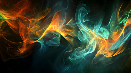 Abstract swirling, vibrant colors of orange, teal and yellow, flowing smoke-like patterns on dark background