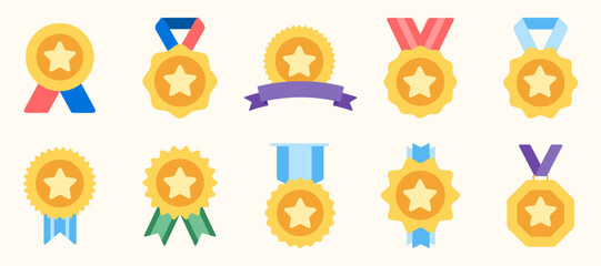 Modern Flat Star Ribbon Medal Badge Label Collection. Set Badge Icon Label Award Certificate Seal Design for Products and Certificates