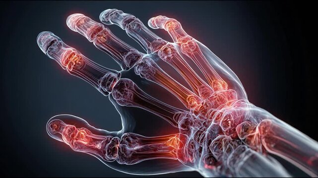 Video background for medical illustration of the anatomy of the bones of the human hand. Translucent tissues represent the hand schematically, bones are highlighted in red.