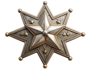 Vintage silver sheriff badge with engraved star design isolated on transparent background PNG