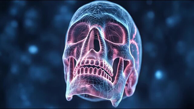 Medical anatomical model of the skull with translucent bone tissue. 3D visualization of the main bones of the human skull