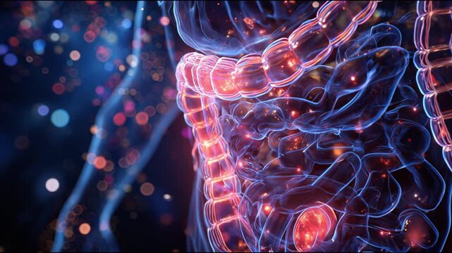 Medical anatomical visualization of the human colon. 3D model showing problems in the digestive system, red highlights intestinal damage or gas formation