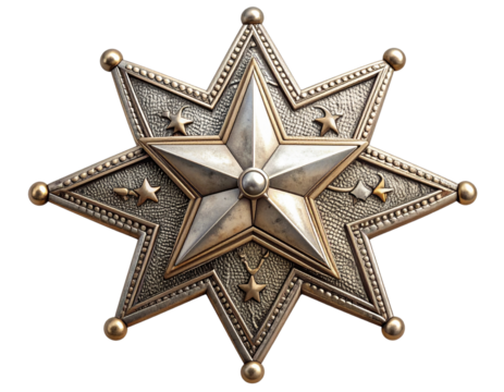 Vintage silver sheriff badge with engraved star design isolated on transparent background PNG