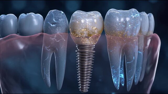 Realistic 3D visualization of jaw anatomy. Transparent tissues allow you to see the roots of the teeth and the shunt from the dental implant located in the gum